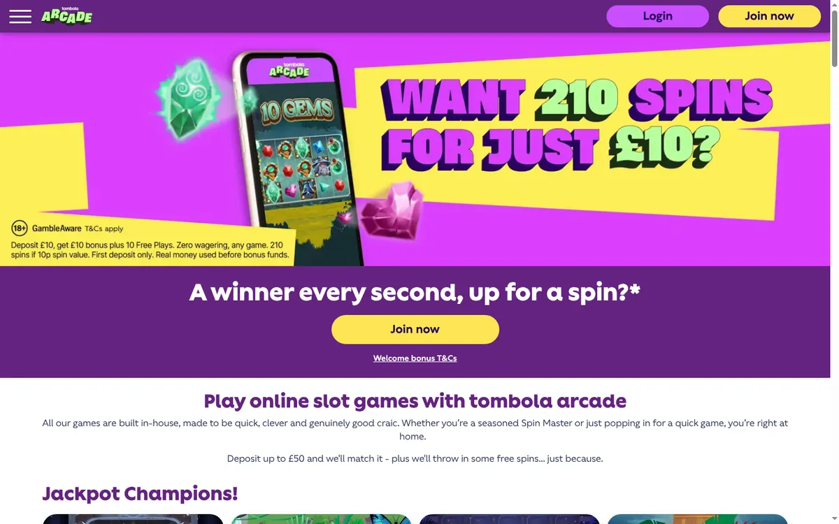 tombolaarcade.co.uk homepage: a purple bar with the tombola arcade logo and a Login button, the tagline A winner every second, up for a spin, then the heading Play online slot games with tombola arcade, a line about games built in-house and the Jackpot Champions heading.